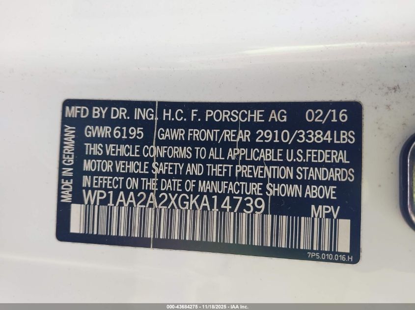 2016 Porsche Cayenne VIN: WP1AA2A2XGKA14739 Lot: 43684275