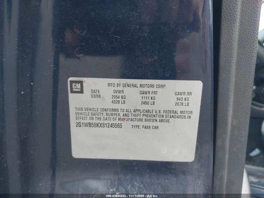 2008 Chevrolet Impala Ls VIN: 2G1WB58KX81245565 Lot: 43684282
