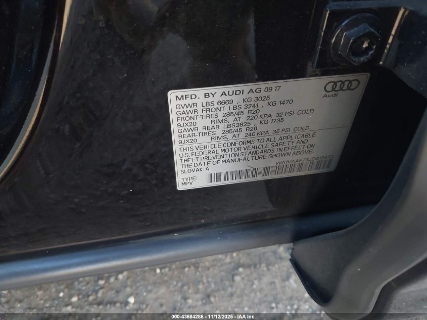 2018 Audi Q7 3.0T Premium VIN: WA1VAAF73JD013472 Lot: 43684286