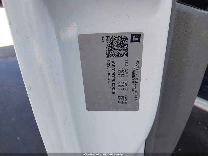 2019 Chevrolet Express Cutaway Work Van VIN: 1GB0GRFG7K1300009 Lot: 43684307