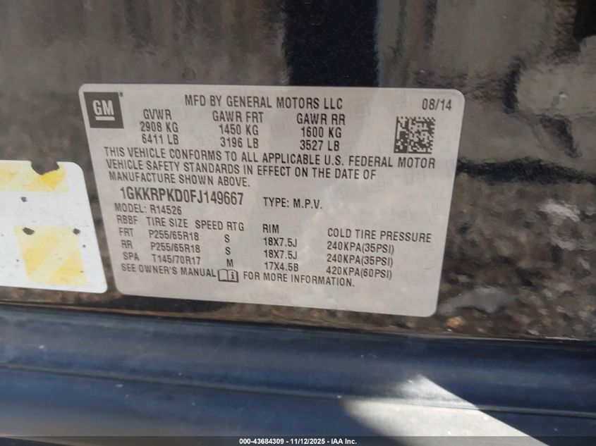 2015 GMC Acadia Sle-2 VIN: 1GKKRPKD0FJ149667 Lot: 43684309