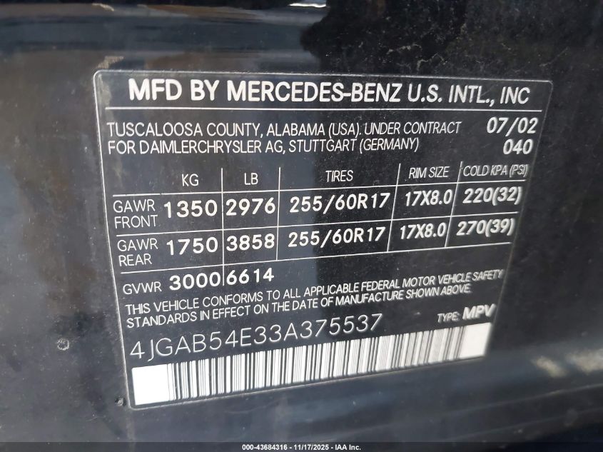 2003 Mercedes-Benz Ml 320 VIN: 4JGAB54E33A375537 Lot: 43684316