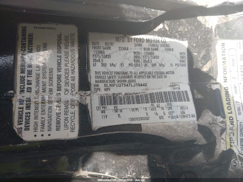 2007 Lincoln Navigator Ultimate VIN: 5LMFU27547LJ19442 Lot: 43684325