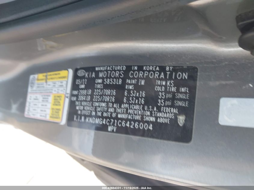 2012 Kia Sedona Lx VIN: KNDMG4C71C6426004 Lot: 43684331