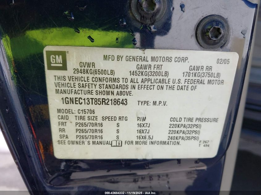 2005 Chevrolet Tahoe Ls VIN: 1GNEC13T85R218643 Lot: 43684332