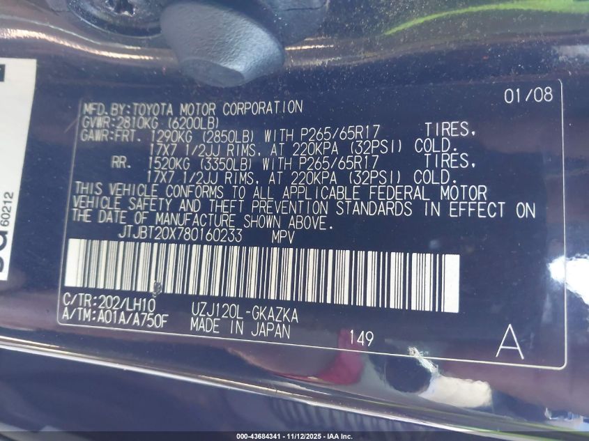 2008 Lexus Gx 470 VIN: JTJBT20X780160233 Lot: 43684341