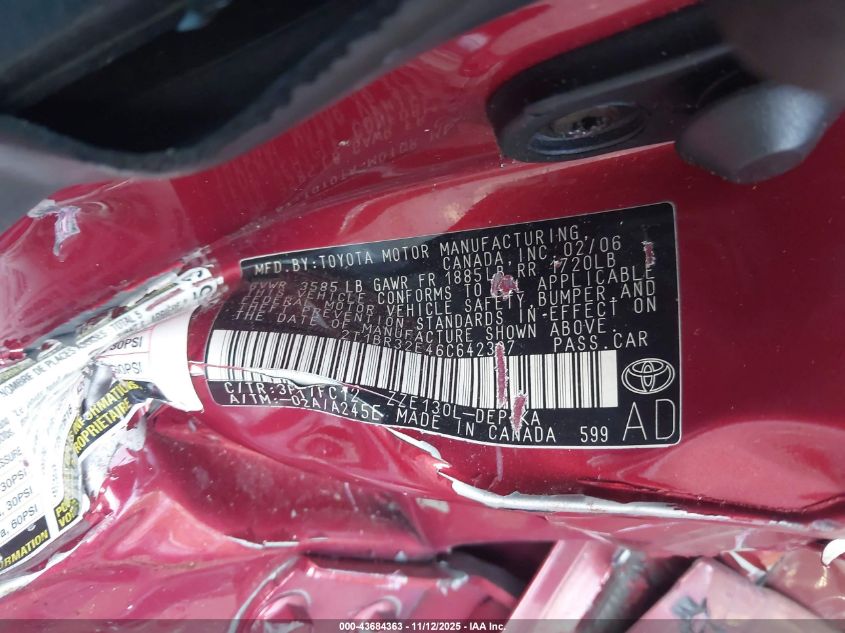 2006 Toyota Corolla S VIN: 2T1BR32E46C642387 Lot: 43684363