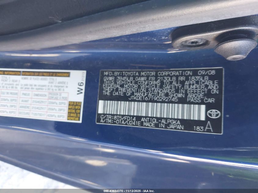 2009 Scion Tc VIN: JTKDE167190292745 Lot: 43684370