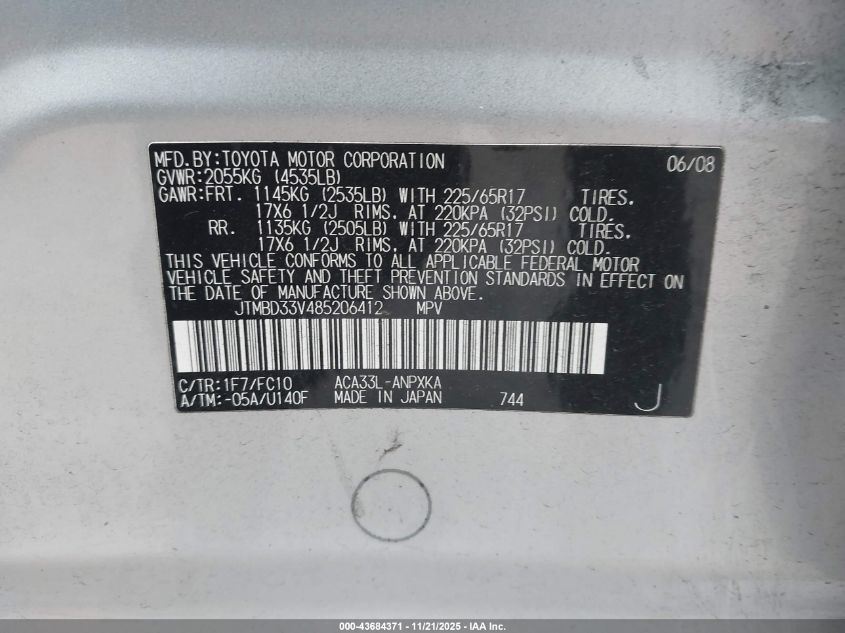 2008 Toyota Rav4 VIN: JTMBD33V485206412 Lot: 43684371