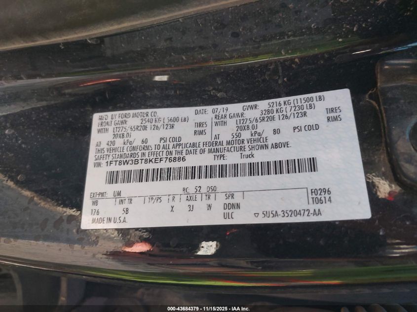 2019 Ford F-350 Lariat VIN: 1FT8W3BT8KEF76886 Lot: 43684379