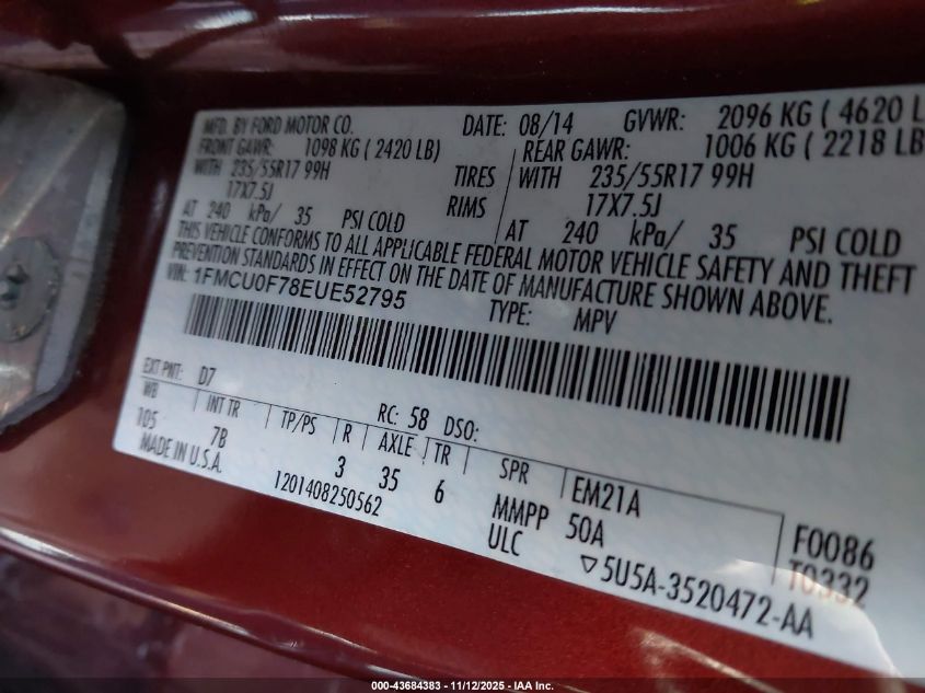 2014 Ford Escape S VIN: 1FMCU0F78EUE52795 Lot: 43684383