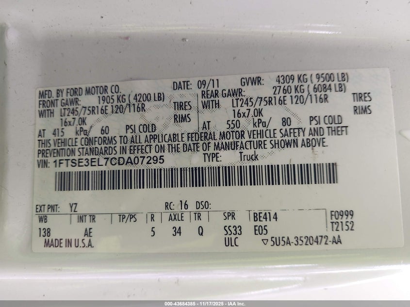 2012 Ford E-350 Super Duty Commercial VIN: 1FTSE3EL7CDA07295 Lot: 43684385