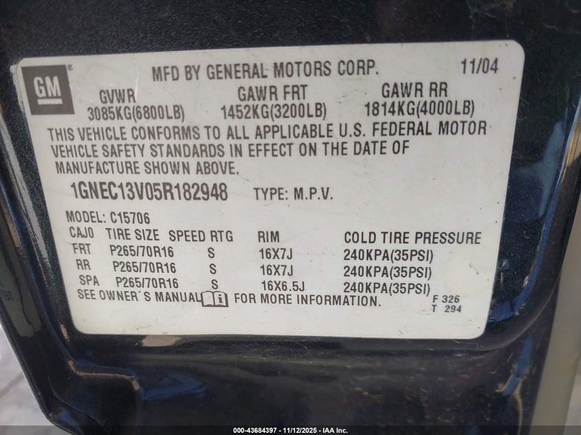 2005 Chevrolet Tahoe Ls VIN: 1GNEC13V05R182948 Lot: 43684397