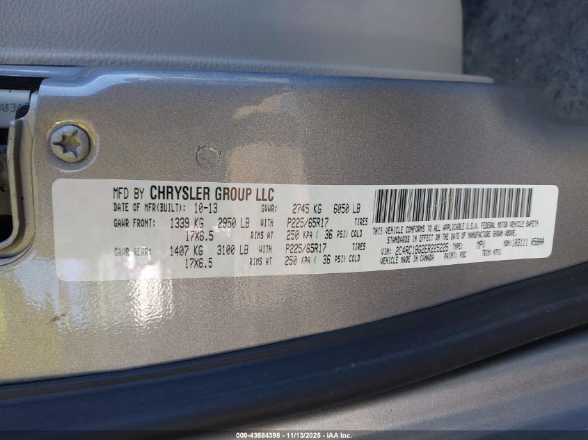 2014 Chrysler Town & Country Touring VIN: 2C4RC1BG2ER225225 Lot: 43684398