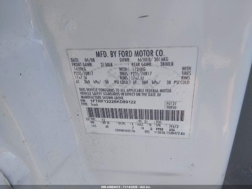 2008 Ford F-150 Stx/Xl/Xlt VIN: 1FTRF12228KD89122 Lot: 43684413