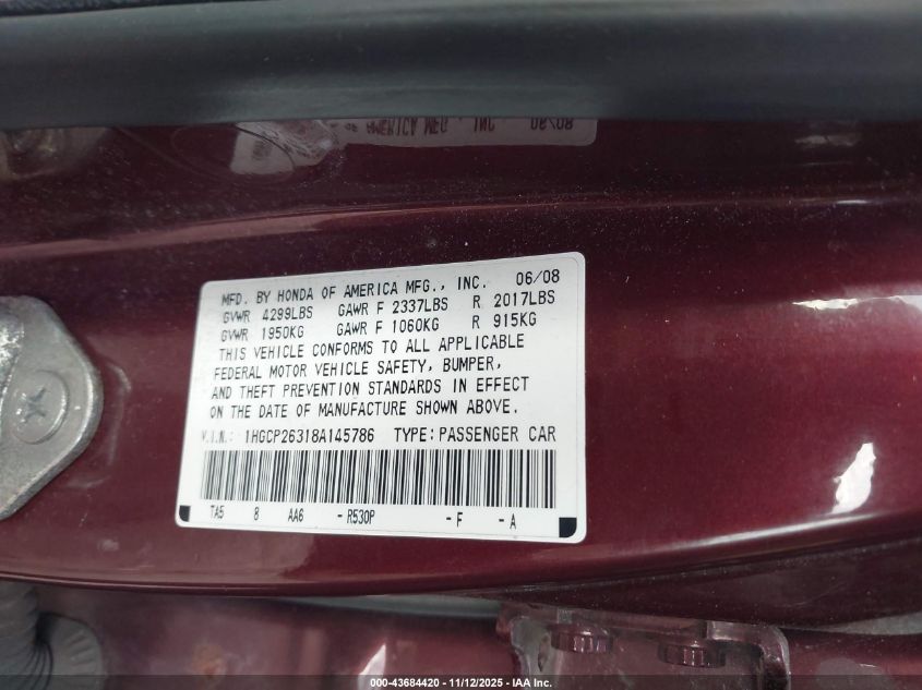 2008 Honda Accord 2.4 Lx VIN: 1HGCP26318A145786 Lot: 43684420