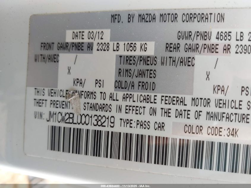 2012 Mazda Mazda5 Sport VIN: JM1CW2BL0C0138219 Lot: 43684480