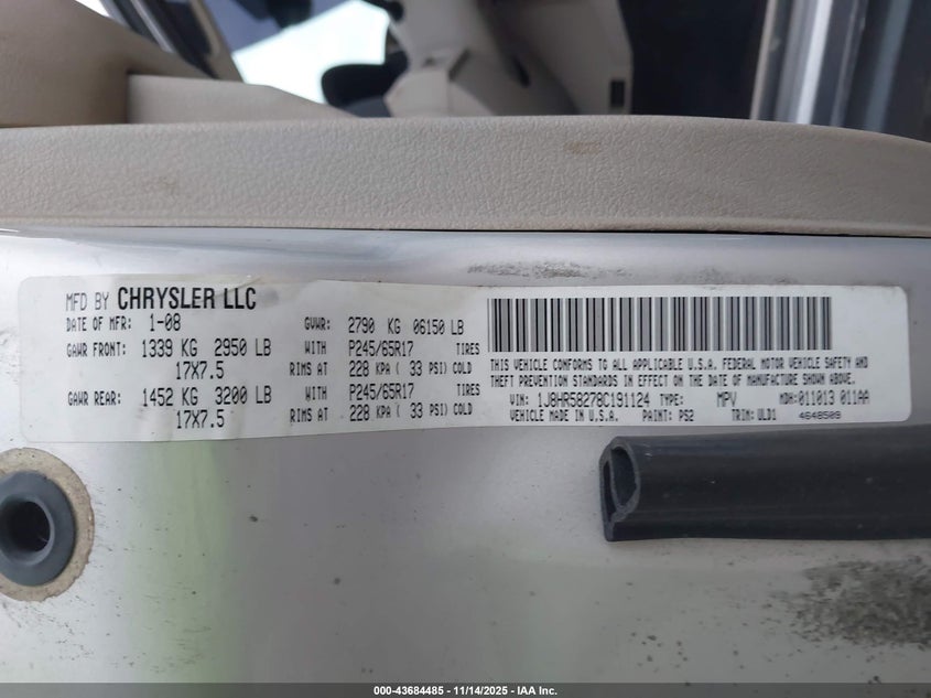 2008 Jeep Grand Cherokee Limited VIN: 1J8HR58278C191124 Lot: 43684485