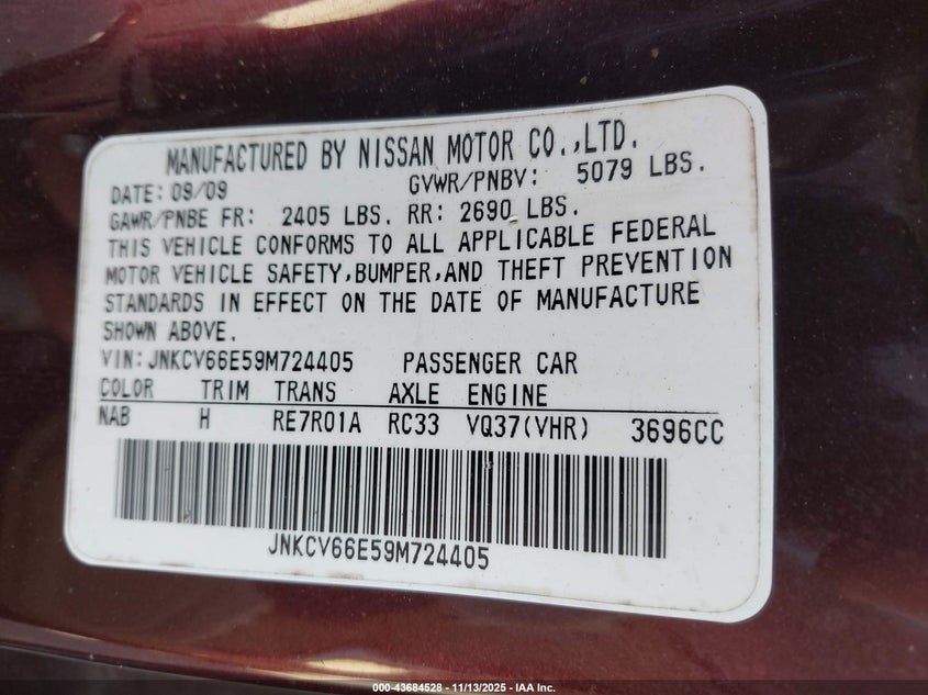 2009 Infiniti G37 VIN: JNKCV66E59M724405 Lot: 43684528