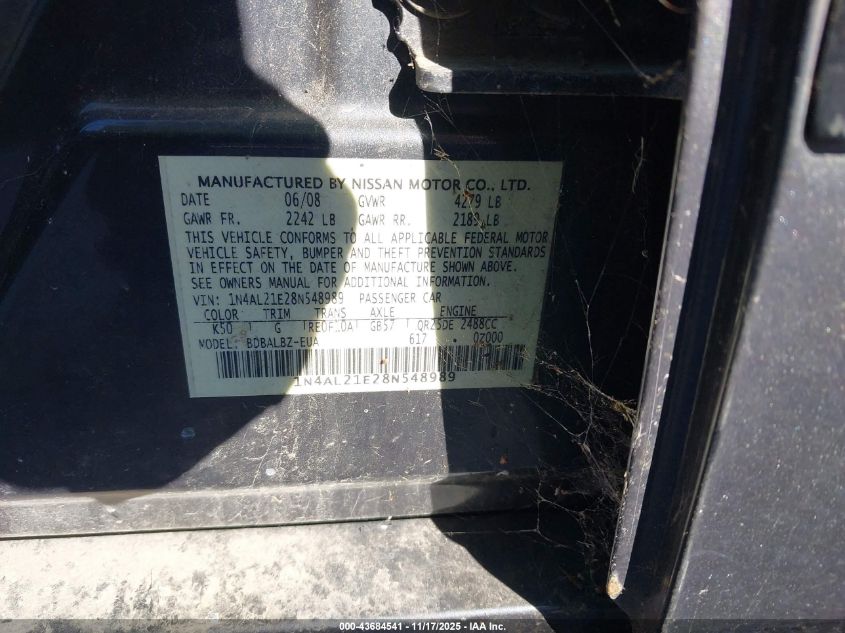 2008 Nissan Altima 2.5 S VIN: 1N4AL21E28N548989 Lot: 43684541