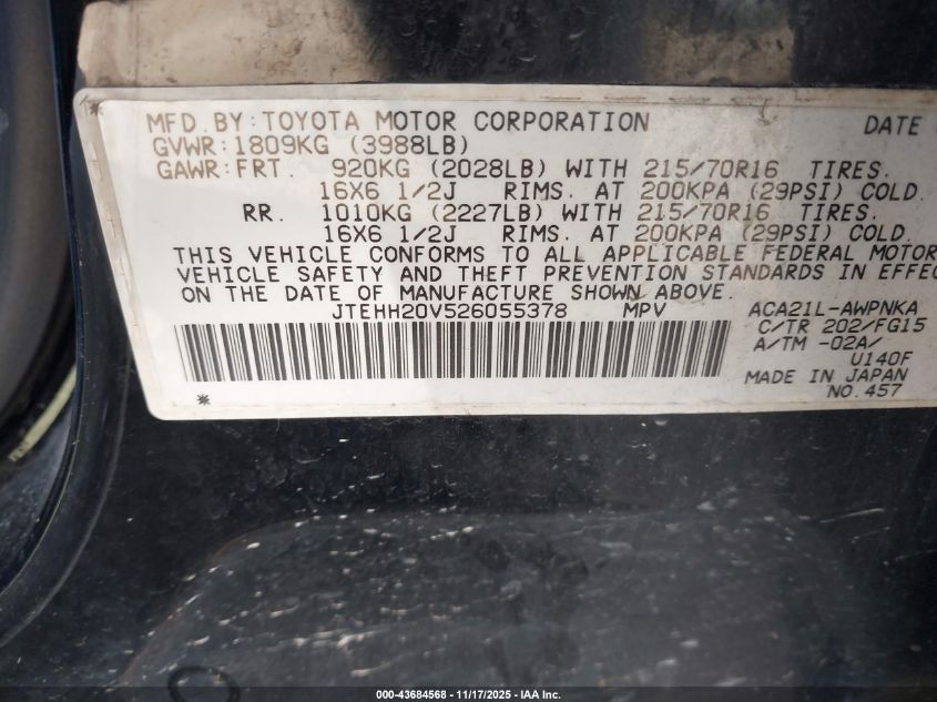 2002 Toyota Rav4 VIN: JTEHH20V526055378 Lot: 43684568