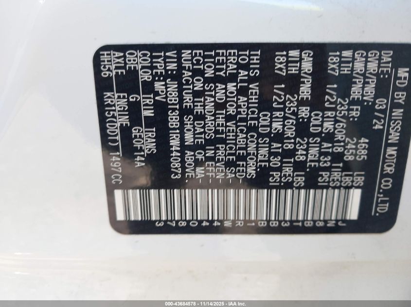 2024 Nissan Rogue Sv Intelligent Awd VIN: JN8BT3BB1RW440873 Lot: 43684578