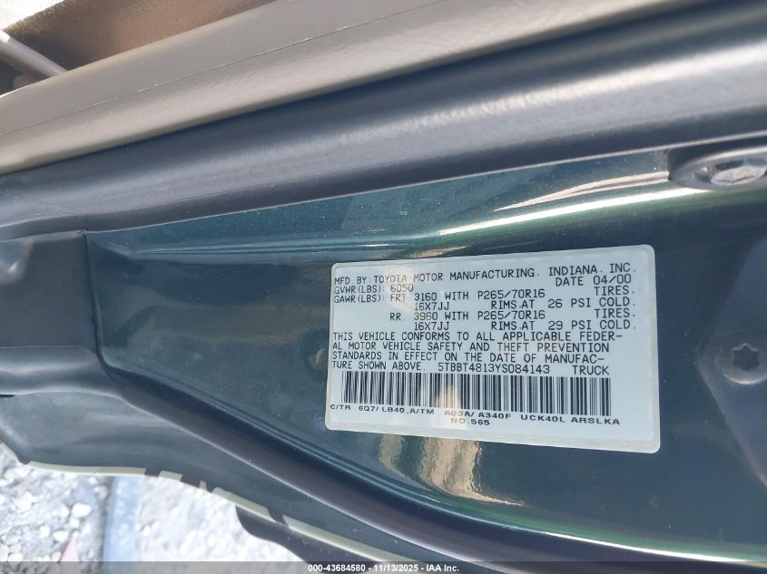 2000 Toyota Tundra Ltd V8 VIN: 5TBBT4813YS084143 Lot: 43684580