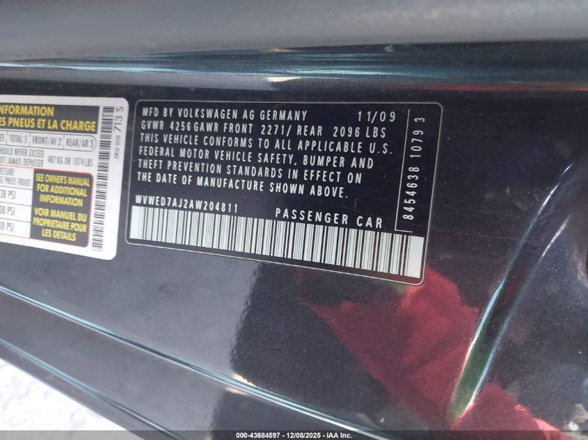 2010 Volkswagen Gti 2-Door VIN: WVWED7AJ2AW204811 Lot: 43684597