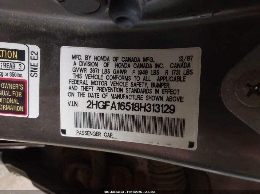 2008 Honda Civic Lx VIN: 2HGFA16518H313129 Lot: 43684603