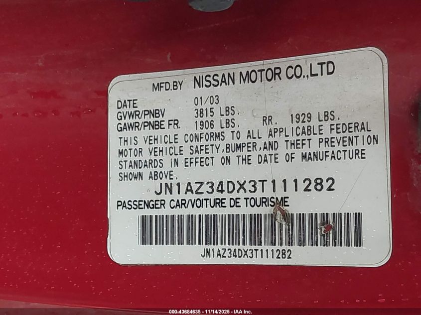 2003 Nissan 350Z Touring VIN: JN1AZ34DX3T111282 Lot: 43684635