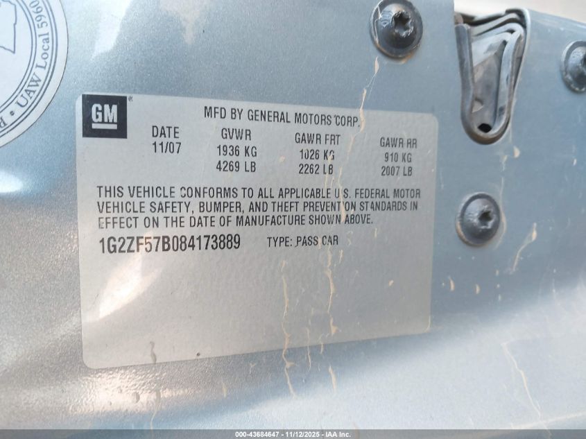 2008 Pontiac G6 Value Leader VIN: 1G2ZF57B084173889 Lot: 43684647