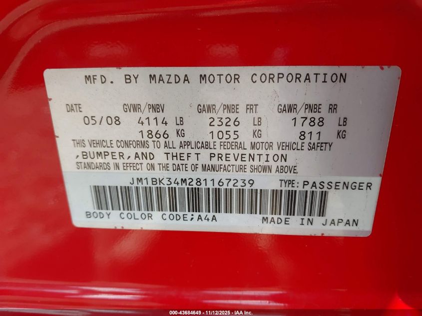 2008 Mazda Mazdaspeed3 Grand Touring VIN: JM1BK34M281167239 Lot: 43684649