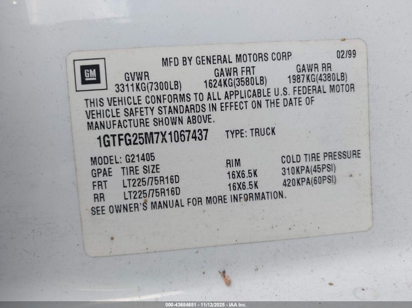 1999 GMC Savana Standard VIN: 1GTFG25M7X1067437 Lot: 43684651