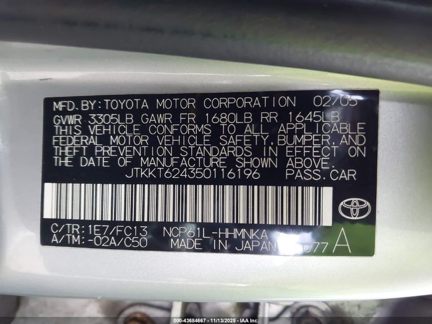 2005 Scion Xa VIN: JTKKT624350116196 Lot: 43684667