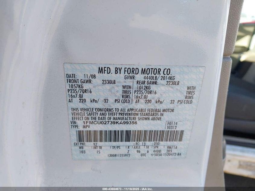 2009 Ford Escape Xls/Xls Manual VIN: 1FMCU02739KA99356 Lot: 43684673