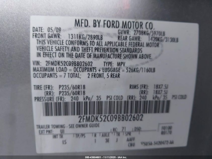 2009 Ford Flex Sel VIN: 2FMDK52C09BB02602 Lot: 43684681