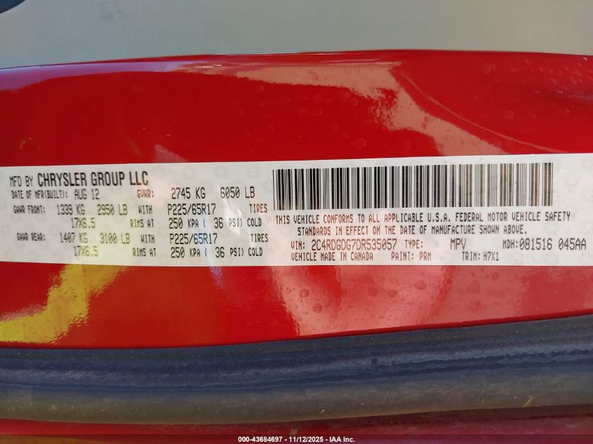 2013 Dodge Grand Caravan Crew VIN: 2C4RDGDG7DR535057 Lot: 43684697