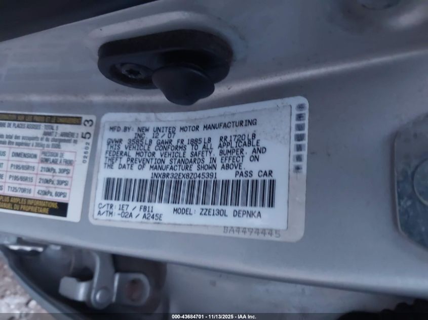 2008 Toyota Corolla Le VIN: 1NXBR32EX8Z045391 Lot: 43684701