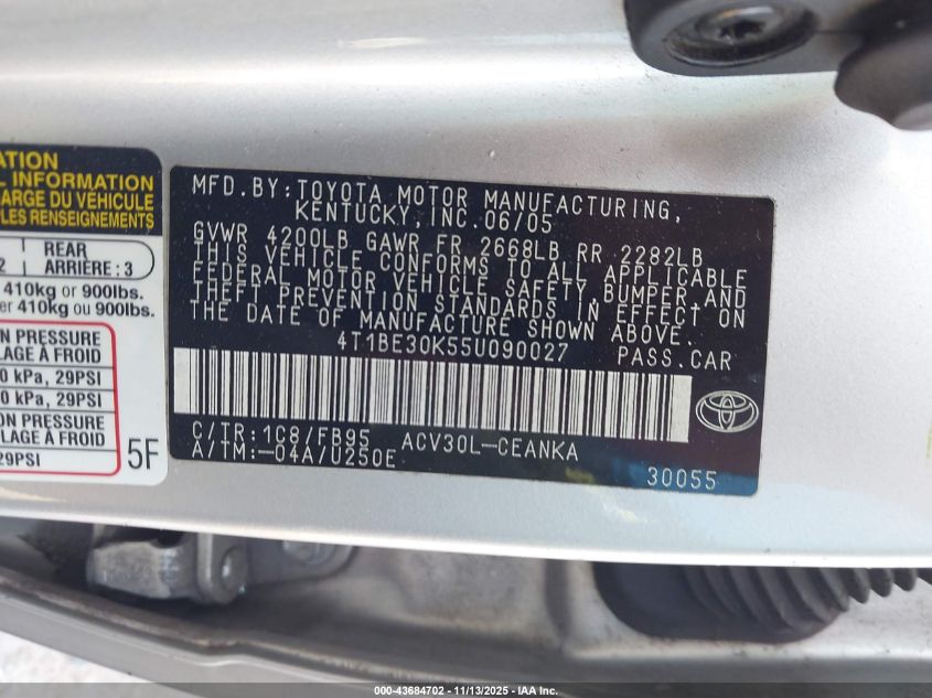 2005 Toyota Camry Le VIN: 4T1BE30K55U090027 Lot: 43684702