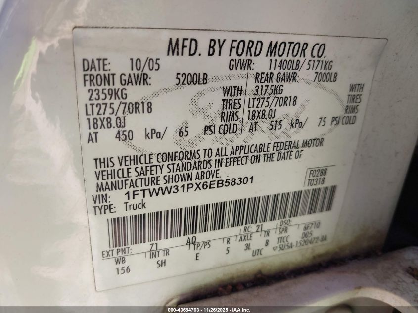 2006 Ford F-350 Lariat/Xl/Xlt VIN: 1FTWW31PX6EB58301 Lot: 43684703