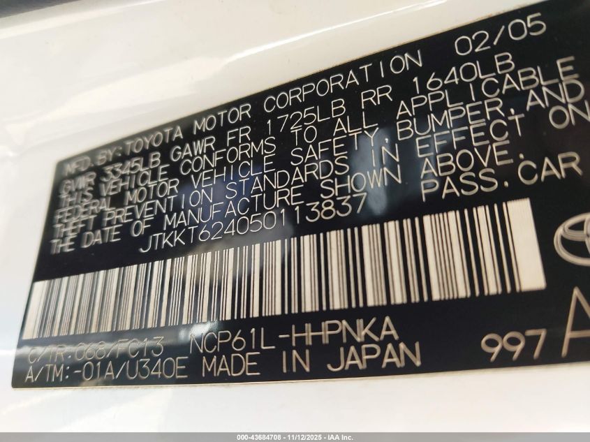 2005 Scion Xa VIN: JTKKT624050113837 Lot: 43684708