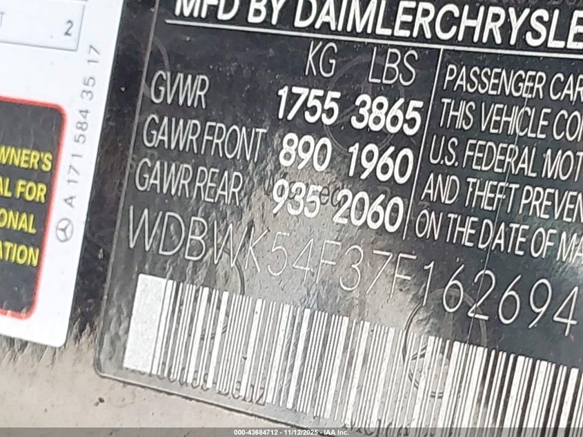 2007 Mercedes-Benz Slk 280 VIN: WDBWK54F37F162694 Lot: 43684712