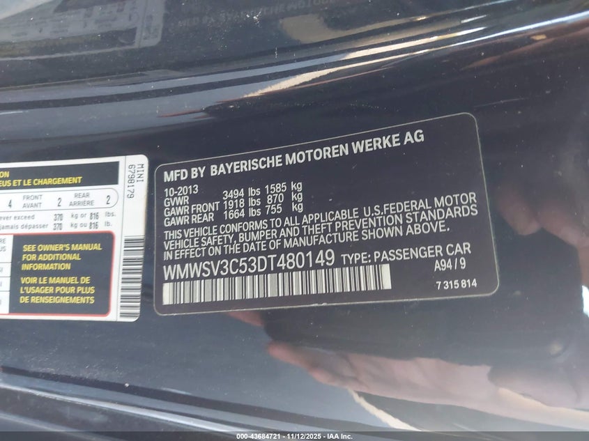 2013 Mini Hardtop Cooper S VIN: WMWSV3C53DT480149 Lot: 43684721