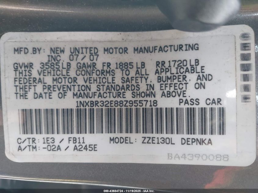 2008 Toyota Corolla Le VIN: 1NXBR32E88Z955718 Lot: 43684724