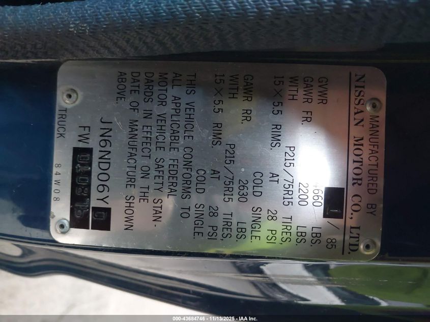 1985 Nissan 720 King Cab VIN: JN6ND06Y0FW010876 Lot: 43684746