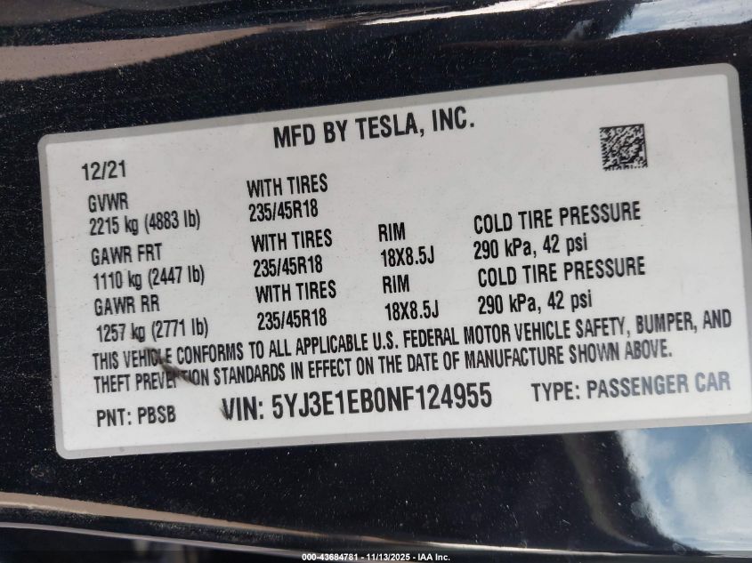 2022 Tesla Model 3 Long Range Dual Motor All-Wheel Drive VIN: 5YJ3E1EB0NF124955 Lot: 43684781