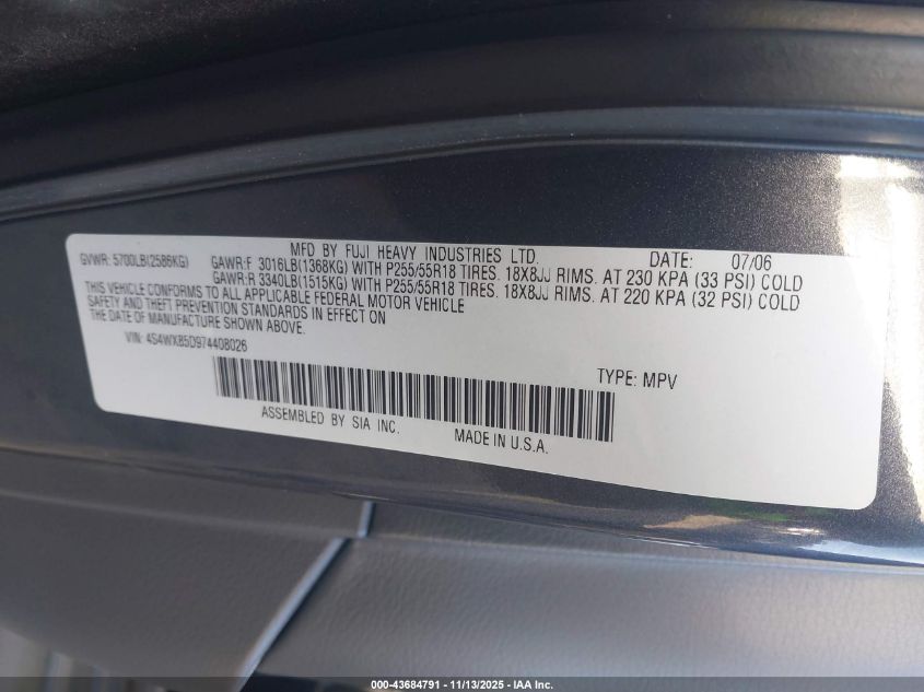 2007 Subaru B9 Tribeca Limited 7-Passenger VIN: 4S4WX85D974408026 Lot: 43684791