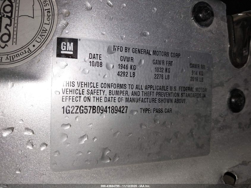 2009 Pontiac G6 VIN: 1G2ZG57B094189427 Lot: 43684795