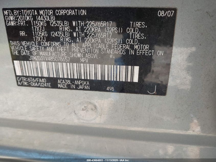 2008 Toyota Rav4 Limited VIN: JTMZD31V485078657 Lot: 43684803