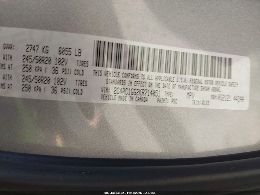 2019 Chrysler Pacifica Limited VIN: 2C4RC1GG2KR714051 Lot: 43684822